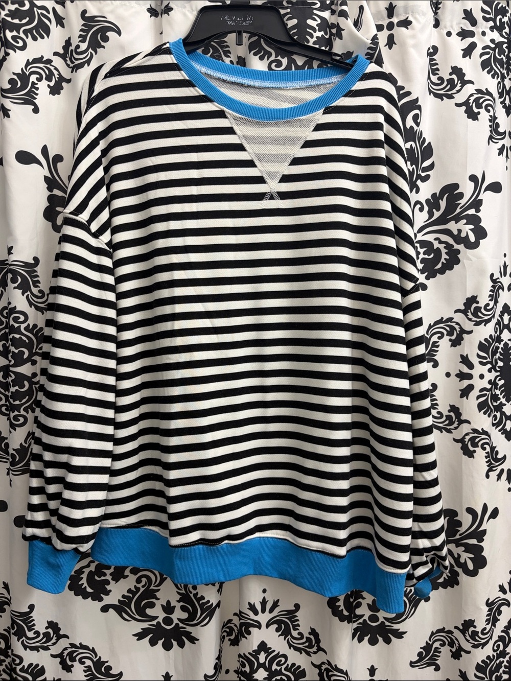 Striped Black & White Women's Top with Blue Trim